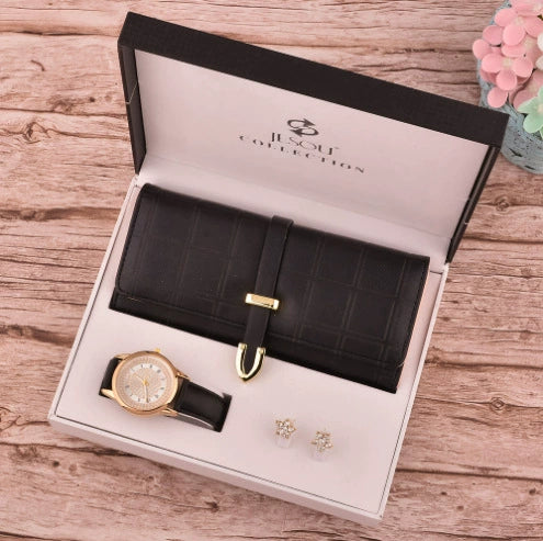 Ladies Fashion Elegant Leather Wallet Watch Earrings In Gift Box Modern Simplicity Style