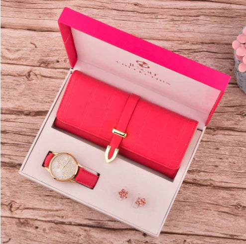 Ladies Fashion Elegant Leather Wallet Watch Earrings In Gift Box Modern Simplicity Style