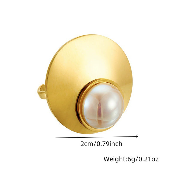 Ladies Fashion Geometric Simple Smooth Round Pearl Stainless Steel Gold Plated Opening Ring