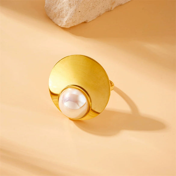 Ladies Fashion Geometric Simple Smooth Round Pearl Stainless Steel Gold Plated Opening Ring