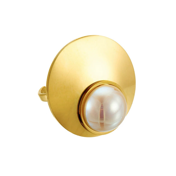 Ladies Fashion Geometric Simple Smooth Round Pearl Stainless Steel Gold Plated Opening Ring