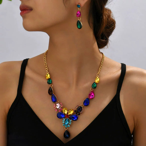 Ladies Fashion Jewelry Set With Alloy Glass Rhinestones Mixed Gemstone Inlay Love Water Drops Bells Pattern