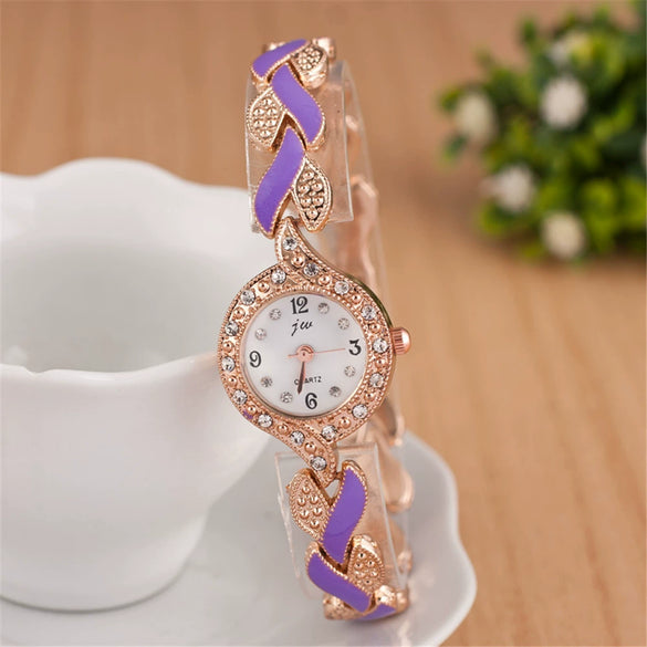 Ladies Fashion Leaf Bracelet Quartz Wrist Watch Alloy Material Round Dial