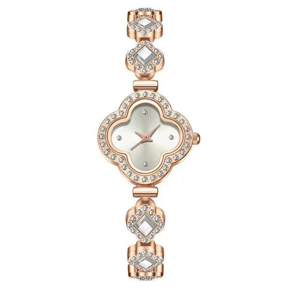 Ladies Fashion Luxury Fourleaf Clover Bracelet Quartz Watch Alloy Case Sapphire Crystal Glass Mirror Fine Steel Strap