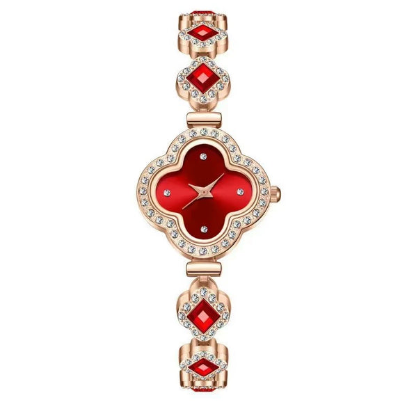 Ladies Fashion Luxury Fourleaf Clover Bracelet Quartz Watch Alloy Case Sapphire Crystal Glass Mirror Fine Steel Strap