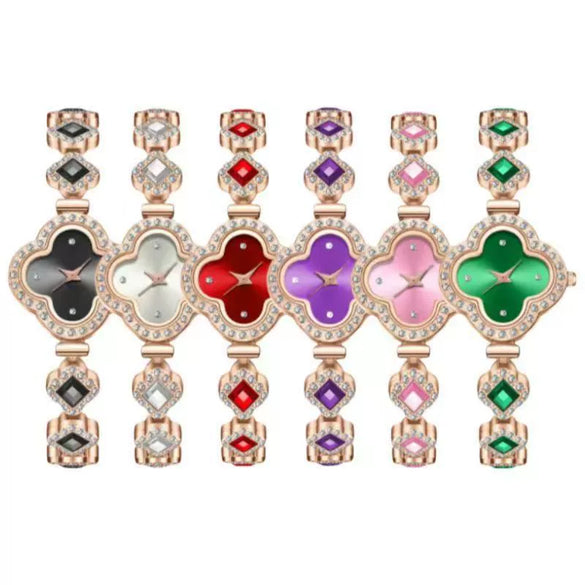 Ladies Fashion Luxury Fourleaf Clover Bracelet Quartz Watch Alloy Case Sapphire Crystal Glass Mirror Fine Steel Strap