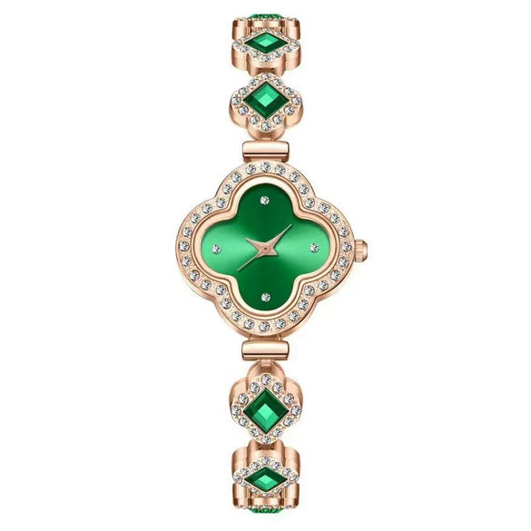 Ladies Fashion Luxury Fourleaf Clover Bracelet Quartz Watch Alloy Case Sapphire Crystal Glass Mirror Fine Steel Strap