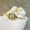 Ladies Fashion Metal And Genuine Leather Square Quartz Watch