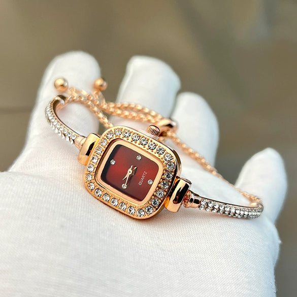 Ladies Fashion Metal And Genuine Leather Square Quartz Watch