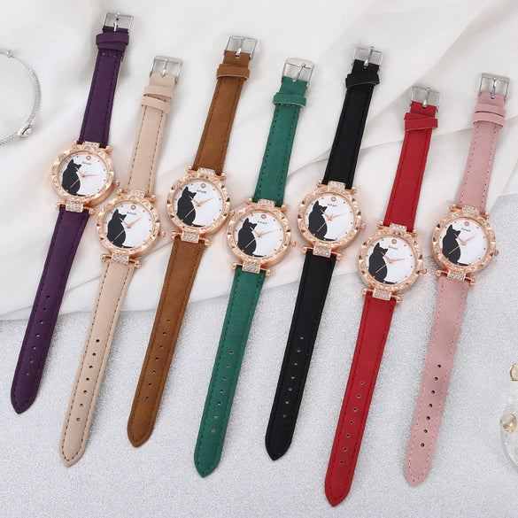 Ladies Fashion Quartz Watch Bracelet Set With Cute Kitten Design Alloy Case Imitation Leather Strap Round Dial