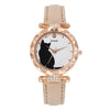 Ladies Fashion Quartz Watch Bracelet Set With Cute Kitten Design Alloy Case Imitation Leather Strap Round Dial