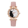 Ladies Fashion Quartz Watch Bracelet Set With Cute Kitten Design Alloy Case Imitation Leather Strap Round Dial