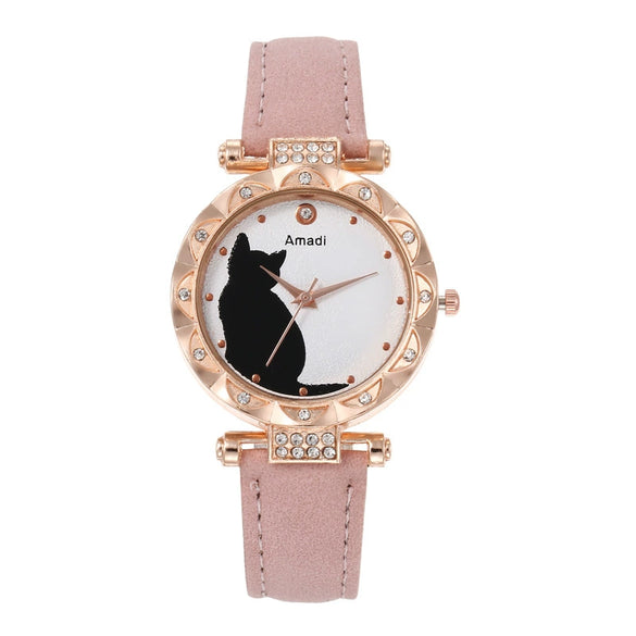 Ladies Fashion Quartz Watch Bracelet Set With Cute Kitten Design Alloy Case Imitation Leather Strap Round Dial