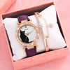 Ladies Fashion Quartz Watch Bracelet Set With Cute Kitten Design Alloy Case Imitation Leather Strap Round Dial