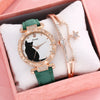 Ladies Fashion Quartz Watch Bracelet Set With Cute Kitten Design Alloy Case Imitation Leather Strap Round Dial