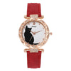 Ladies Fashion Quartz Watch Bracelet Set With Cute Kitten Design Alloy Case Imitation Leather Strap Round Dial