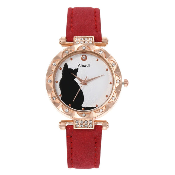 Ladies Fashion Quartz Watch Bracelet Set With Cute Kitten Design Alloy Case Imitation Leather Strap Round Dial