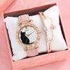 Ladies Fashion Quartz Watch Bracelet Set With Cute Kitten Design Alloy Case Imitation Leather Strap Round Dial