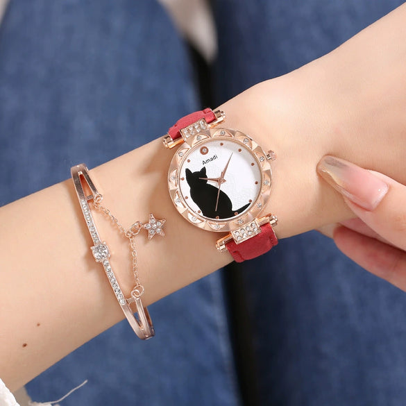 Ladies Fashion Quartz Watch Bracelet Set With Cute Kitten Design Alloy Case Imitation Leather Strap Round Dial