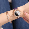 Ladies Fashion Quartz Watch Bracelet Set With Cute Kitten Design Alloy Case Imitation Leather Strap Round Dial