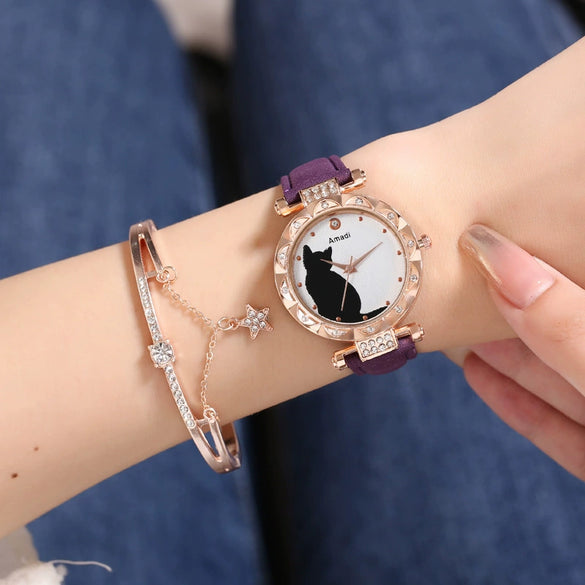 Ladies Fashion Quartz Watch Bracelet Set With Cute Kitten Design Alloy Case Imitation Leather Strap Round Dial