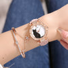 Ladies Fashion Quartz Watch Bracelet Set With Cute Kitten Design Alloy Case Imitation Leather Strap Round Dial