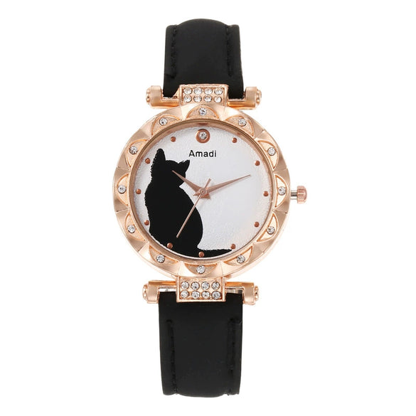 Ladies Fashion Quartz Watch Bracelet Set With Cute Kitten Design Alloy Case Imitation Leather Strap Round Dial