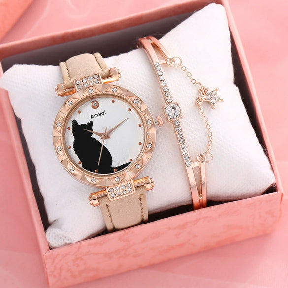 Ladies Fashion Quartz Watch Bracelet Set With Cute Kitten Design Alloy Case Imitation Leather Strap Round Dial