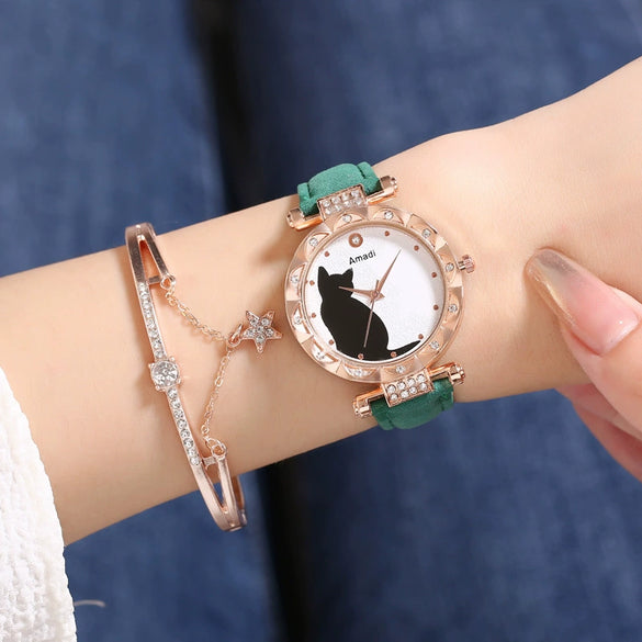 Ladies Fashion Quartz Watch Bracelet Set With Cute Kitten Design Alloy Case Imitation Leather Strap Round Dial