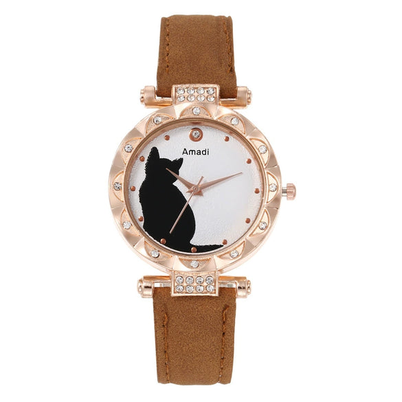 Ladies Fashion Quartz Watch Bracelet Set With Cute Kitten Design Alloy Case Imitation Leather Strap Round Dial