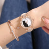 Ladies Fashion Quartz Watch Bracelet Set With Cute Kitten Design Alloy Case Imitation Leather Strap Round Dial