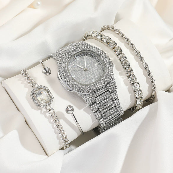 Ladies Fashion Quartz Watch With Diamondencrusted Digital Face Alloy Band And Round Dial