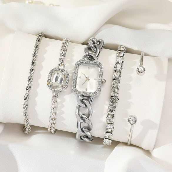 Ladies Fashion Quartz Watch With Diamondencrusted Digital Face Alloy Band And Round Dial