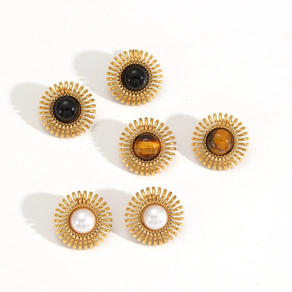 Ladies Fashion Stainless Steel Geometric And Sunflower Pattern Electroplating Earrings