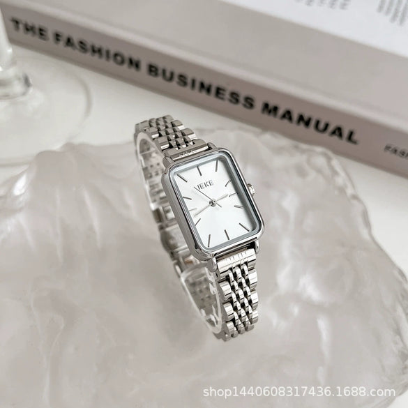Ladies Fashion Vintage Watch With Steel Band Rectangular Case Green Dial And Alloy Case Material