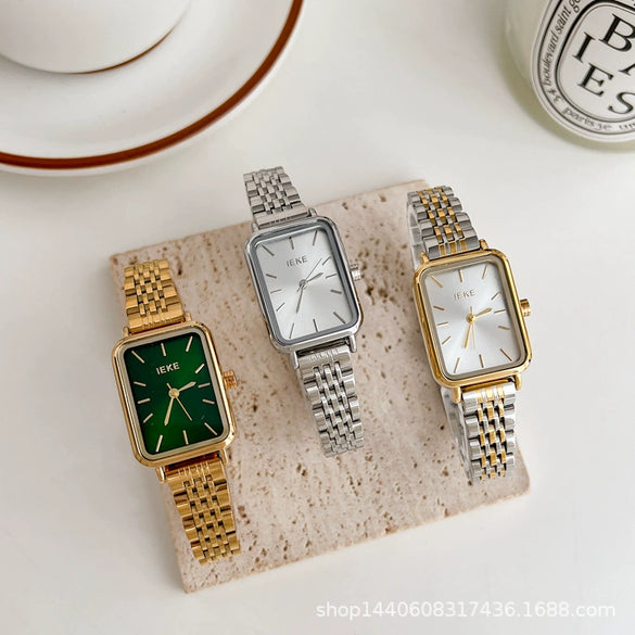 Ladies Fashion Vintage Watch With Steel Band Rectangular Case Green Dial And Alloy Case Material
