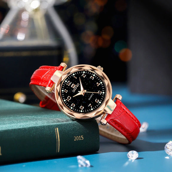 Ladies Fashion Waterproof Quartz Watch With Round Dial Metal Case Imitation Leather Strap And Stainless Steel Clasp