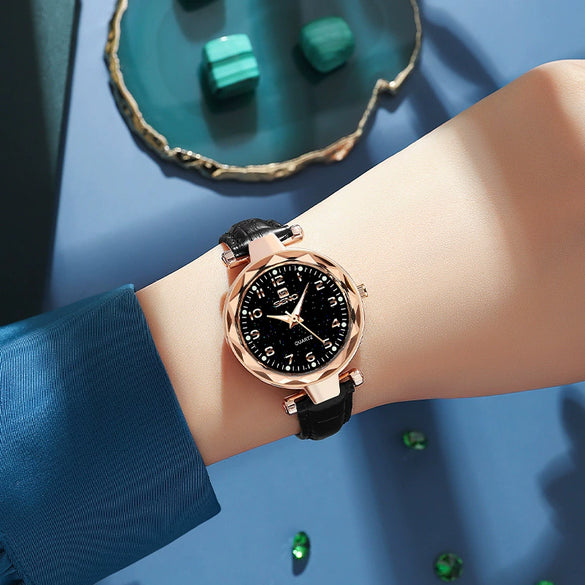 Ladies Fashion Waterproof Quartz Watch With Round Dial Metal Case Imitation Leather Strap And Stainless Steel Clasp