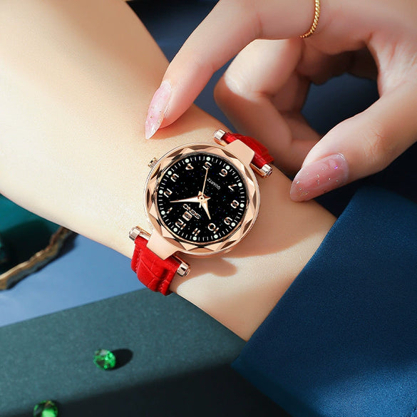 Ladies Fashion Waterproof Quartz Watch With Round Dial Metal Case Imitation Leather Strap And Stainless Steel Clasp