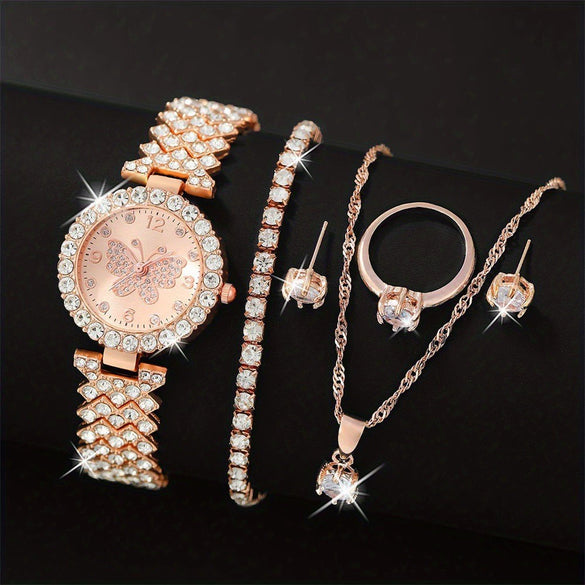 Ladies Fashionable Diamond Watch Jewelry Set With Heart Shaped Jewelry Alloy And Stainless Steel Materials