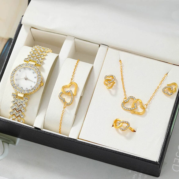 Ladies Fashionable Diamond Watch Jewelry Set With Heart Shaped Jewelry Alloy And Stainless Steel Materials