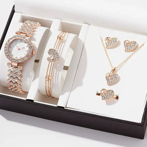 Ladies Fashionable Diamond Watch Jewelry Set With Heart Shaped Jewelry Alloy And Stainless Steel Materials