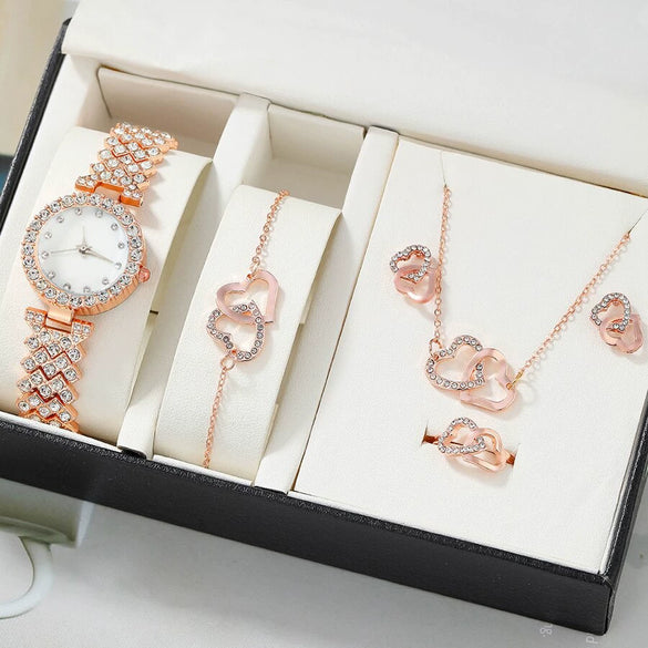 Ladies Fashionable Diamond Watch Jewelry Set With Heart Shaped Jewelry Alloy And Stainless Steel Materials