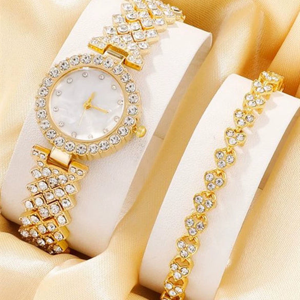 Ladies Fashionable Diamond Watch Jewelry Set With Heart Shaped Jewelry Alloy And Stainless Steel Materials