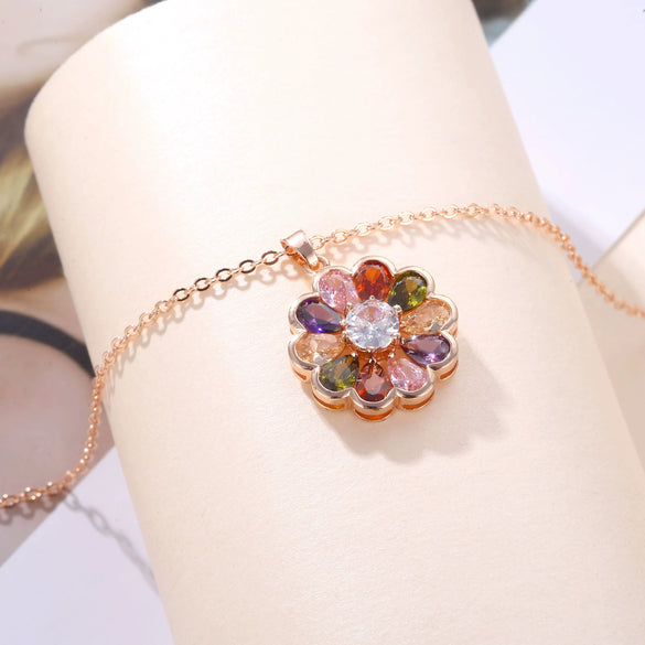 Ladies Flower Pattern Artificial Zircon Rose Gold Ochain Necklace