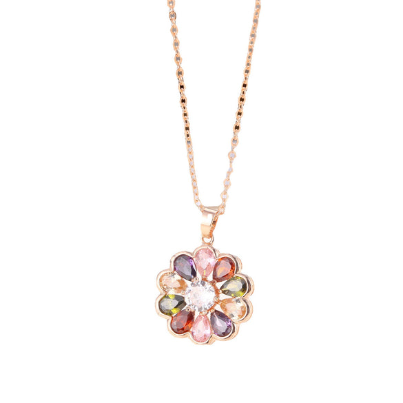 Ladies Flower Pattern Artificial Zircon Rose Gold Ochain Necklace