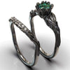Ladies Gem Geometric Style Ring Electroplated Gun Black With Emerald