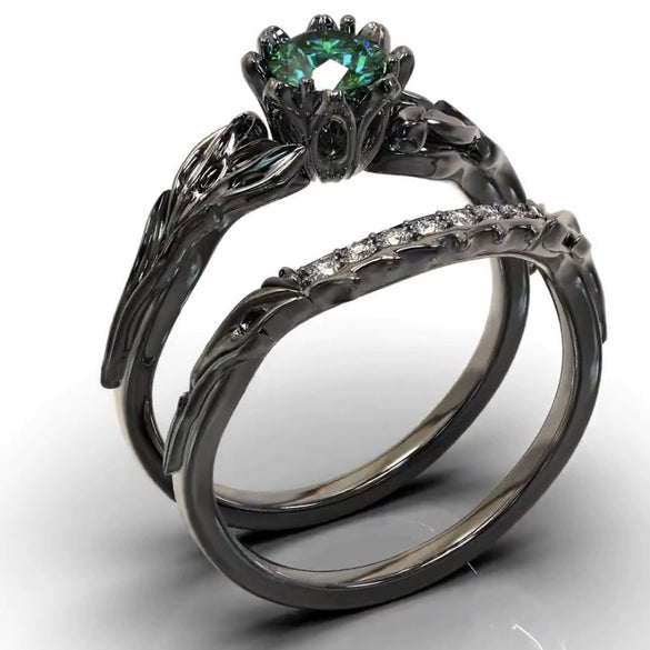Ladies Gem Geometric Style Ring Electroplated Gun Black With Emerald