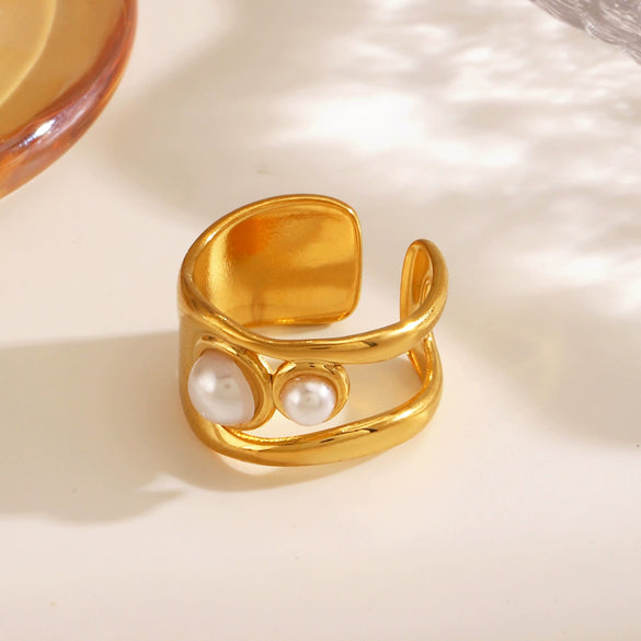 Ladies Geometric Pearl Inlaid Gold Plated Stainless Steel Ring