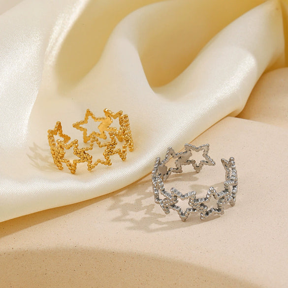 Ladies Geometric Stainless Steel Cut Out Fivepointed Star Open Ring Electroplated